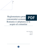 Reglementarea Protectiei Concurentei Economice in Romania Si Adoptarea Ei La Acquis-Ul Comunitar