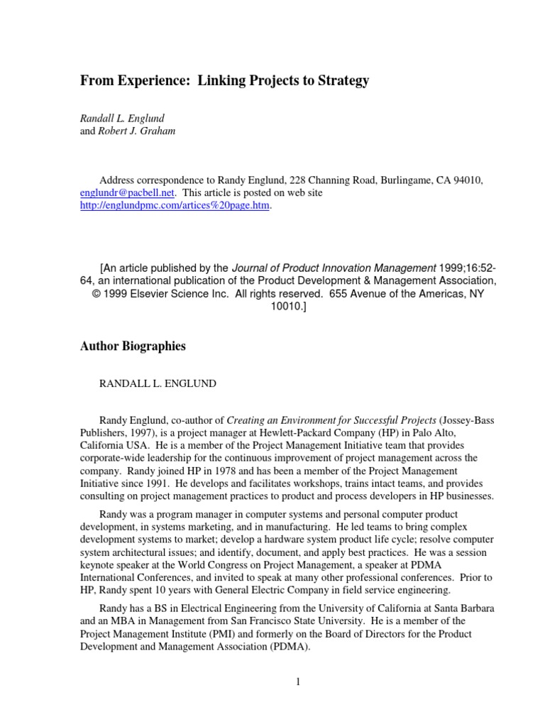 ENGLUND & Graham From Experience Linking Projects To Strategy PDF