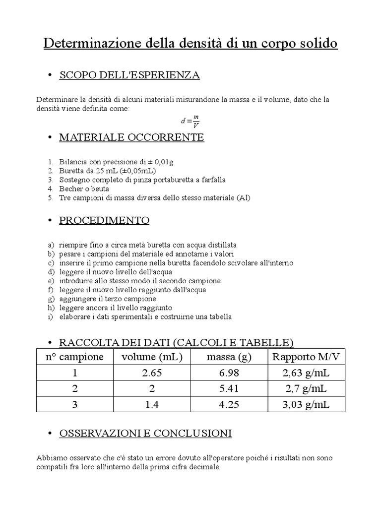 Relazione Sulla Densita Dei Liquidi. | PDF