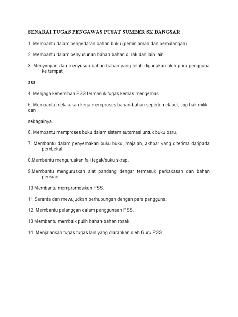 Senarai Tugas Pengawas Pusat Sumber Sk Bangsar Pdf