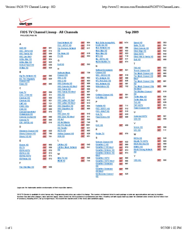 Verizon FiOS TV Channel Lineup HD High Definition Television Hbos