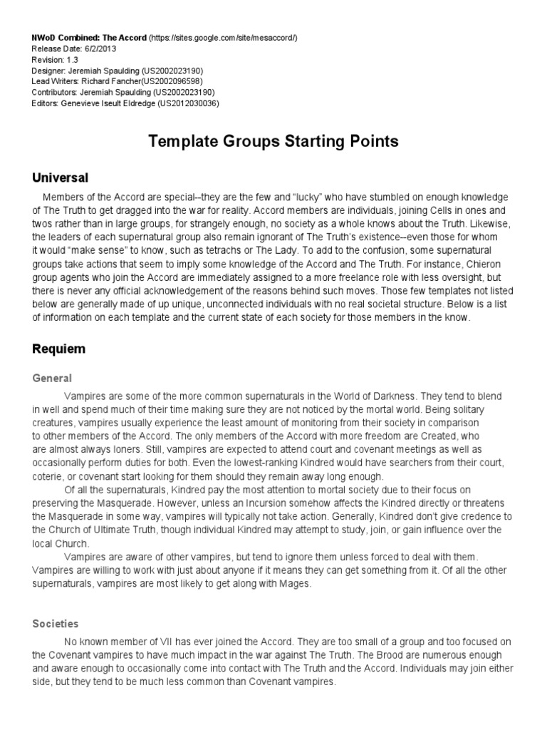 Accord Template Groups Starting Points PDF Vampires Fairies
