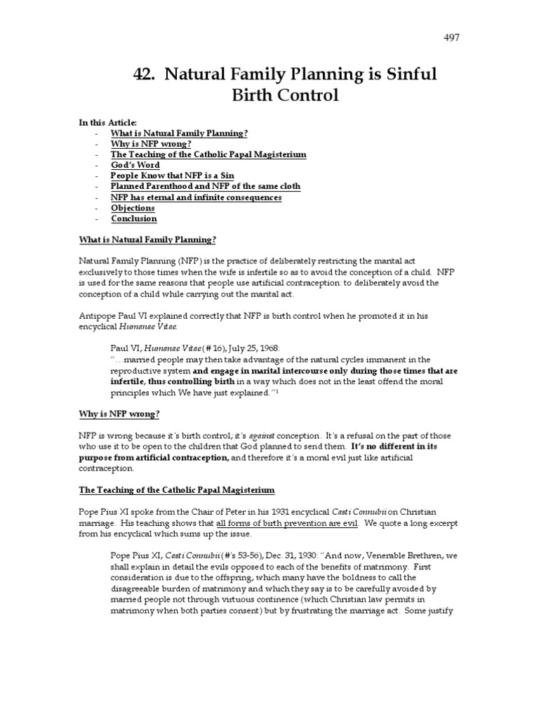 Natural Family Planning Is Sinful Birth Control PDF Pope Catholic