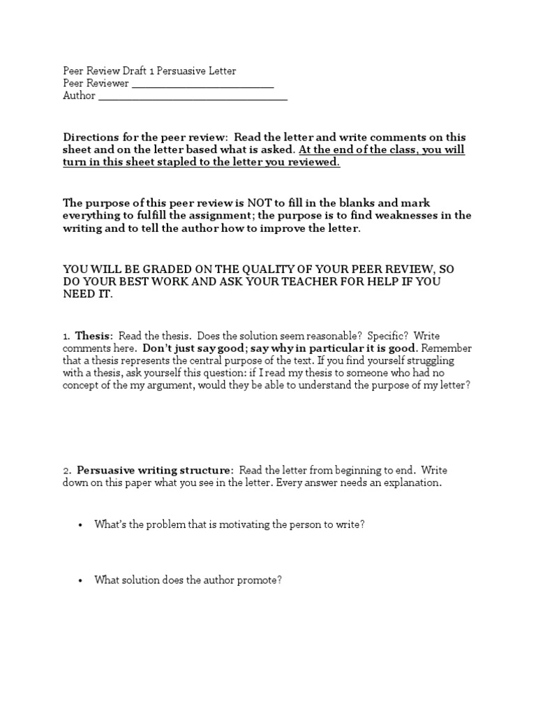 Peer Review Draft 21 Persuasive Letter  PDF  Thesis  Persuasion