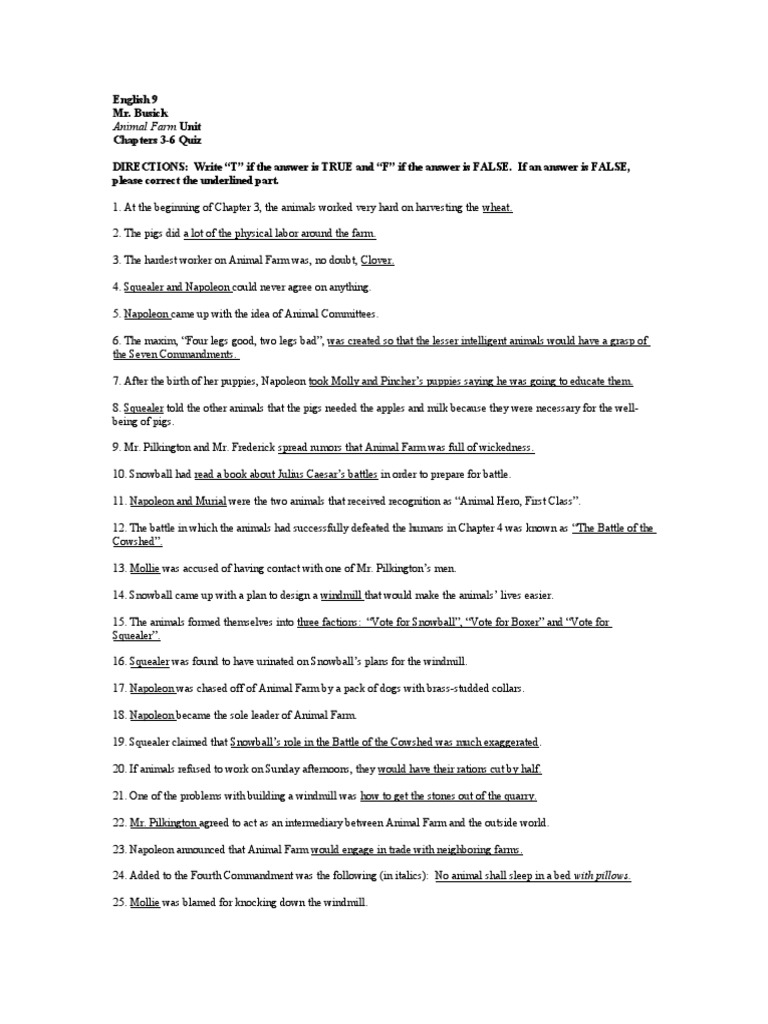 Animal Farm Quiz Ch. 3-6
