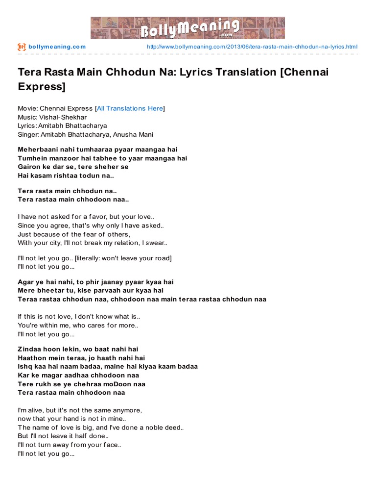Tera Rasta Main Chhodun Na: Lyrics Translation (Chennai Express) | PDF