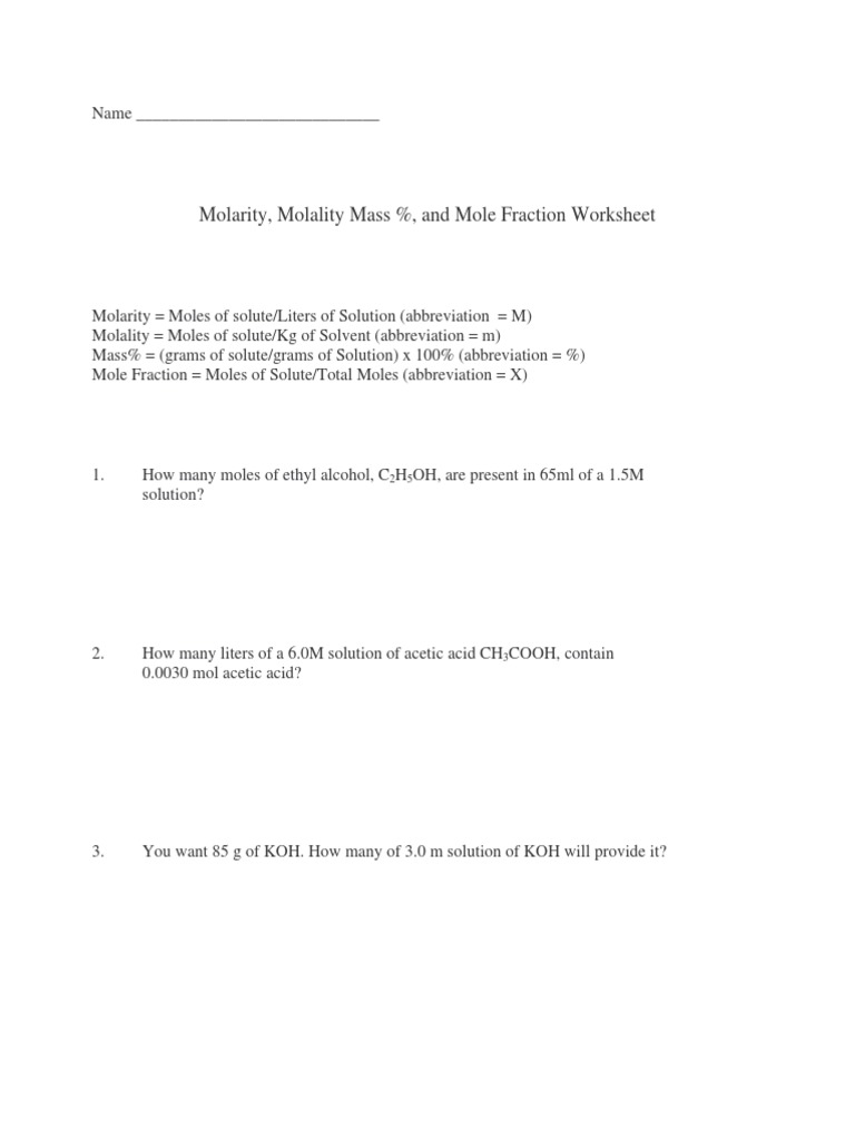 worksheet Molarity Molality Worksheet molarity worksheet