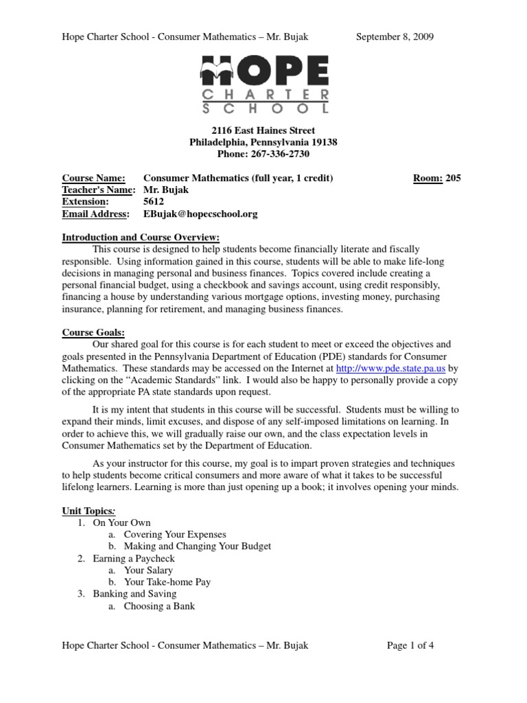 20090907.syllabus - Consumer Mathematics - Bujak | PDF | Teaching ...
