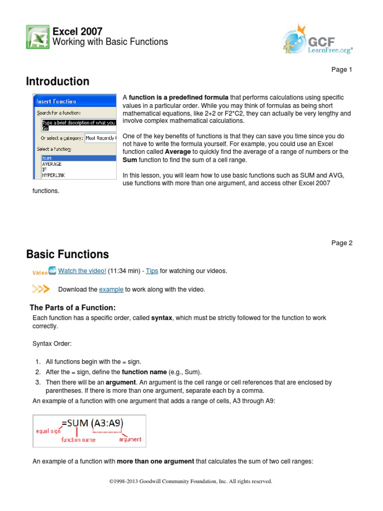 Excel 2007: Working With Basic Functions | PDF | Function (Mathematics ...