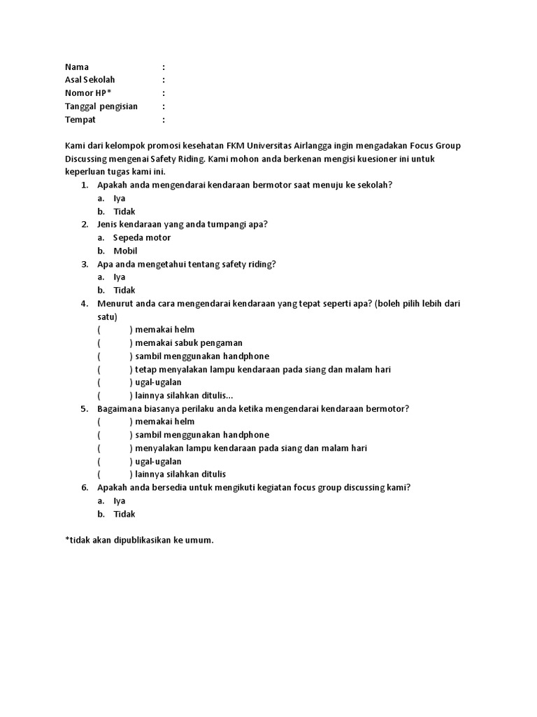 Kuesioner Fgd Safety Riding