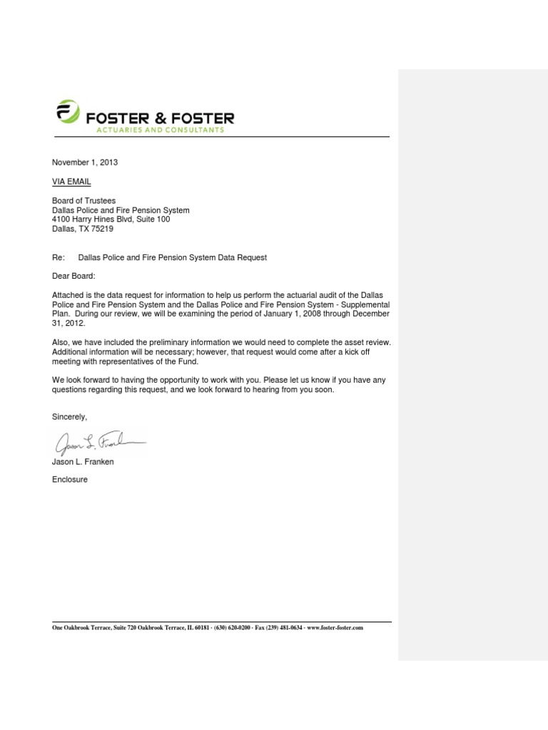Dallas PF Data Request Letter Returned From Rohan Actuarial Science