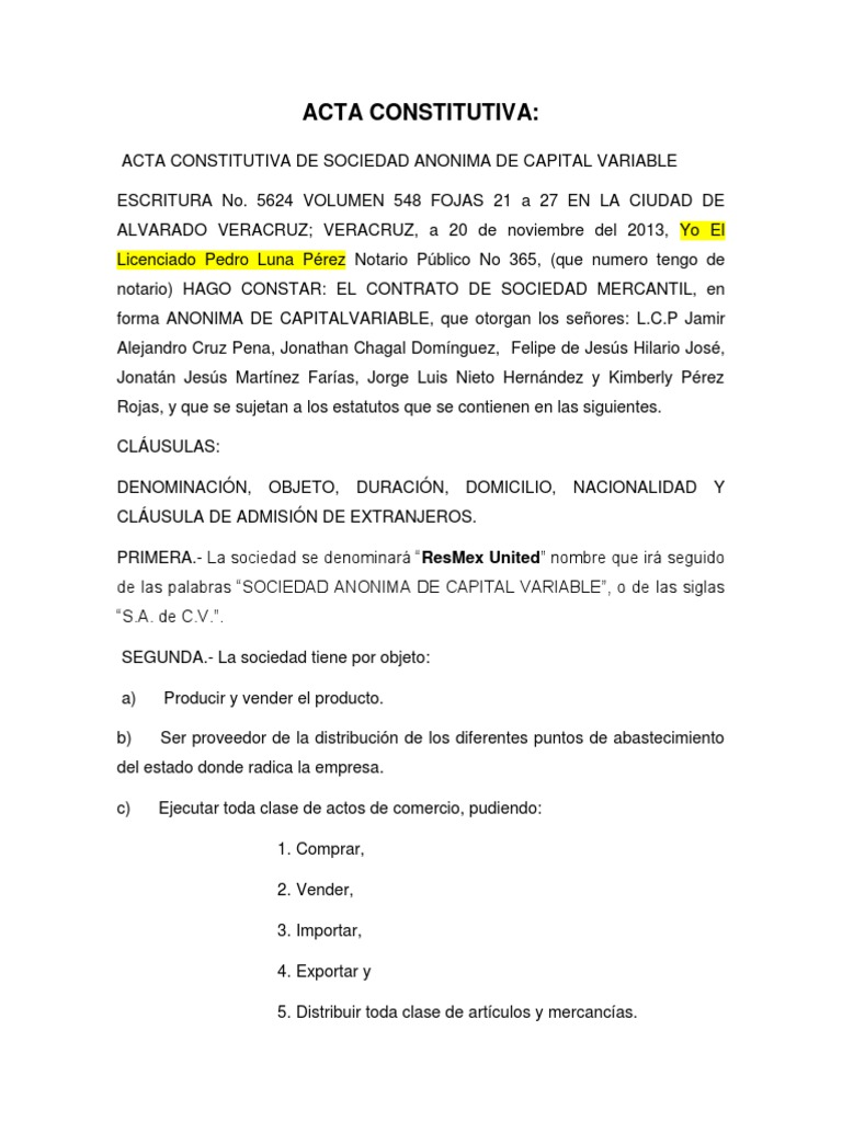 Ejemplo de Acta Constitutiva