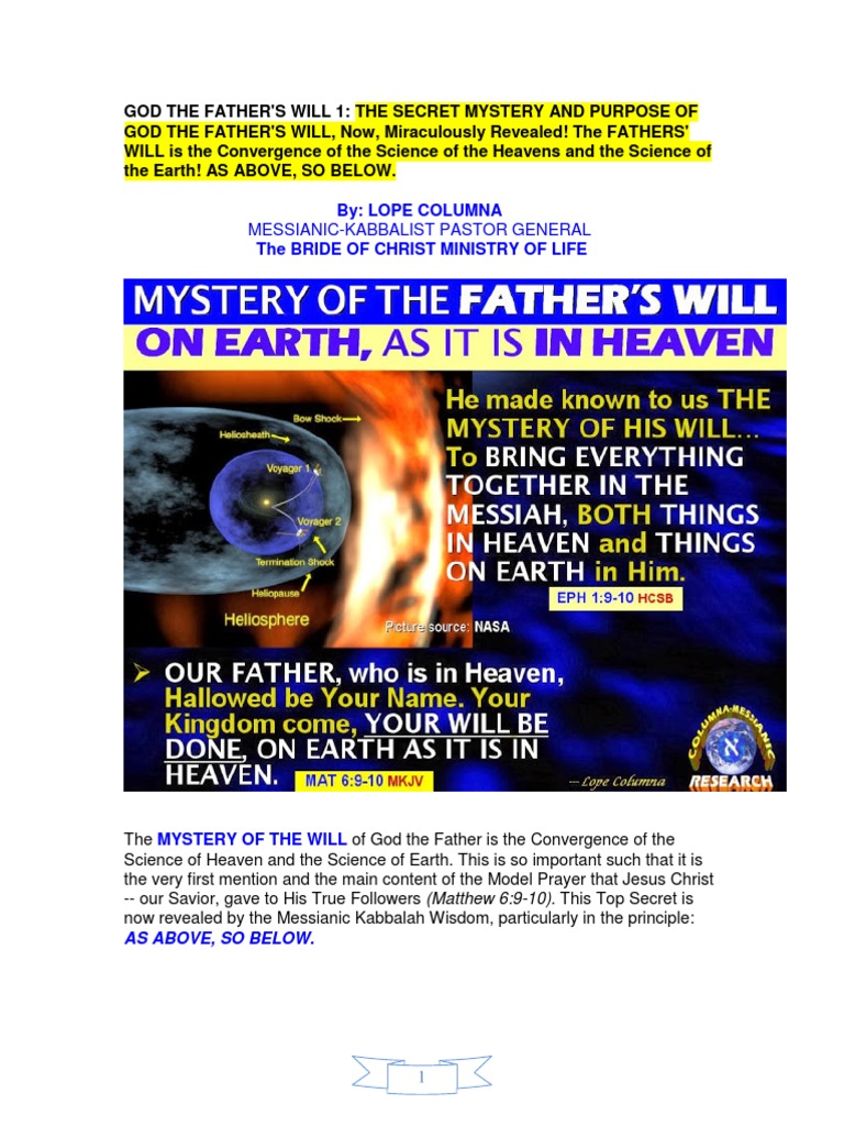 THE SECRET MYSTERY AND PURPOSE OF GOD THE FATHER'S WILL, Now ...
