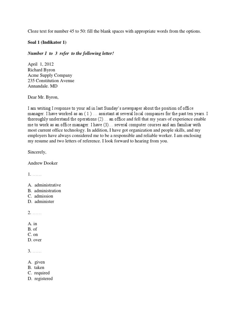 Cloze Test for Office and Job Skills | PDF | Business