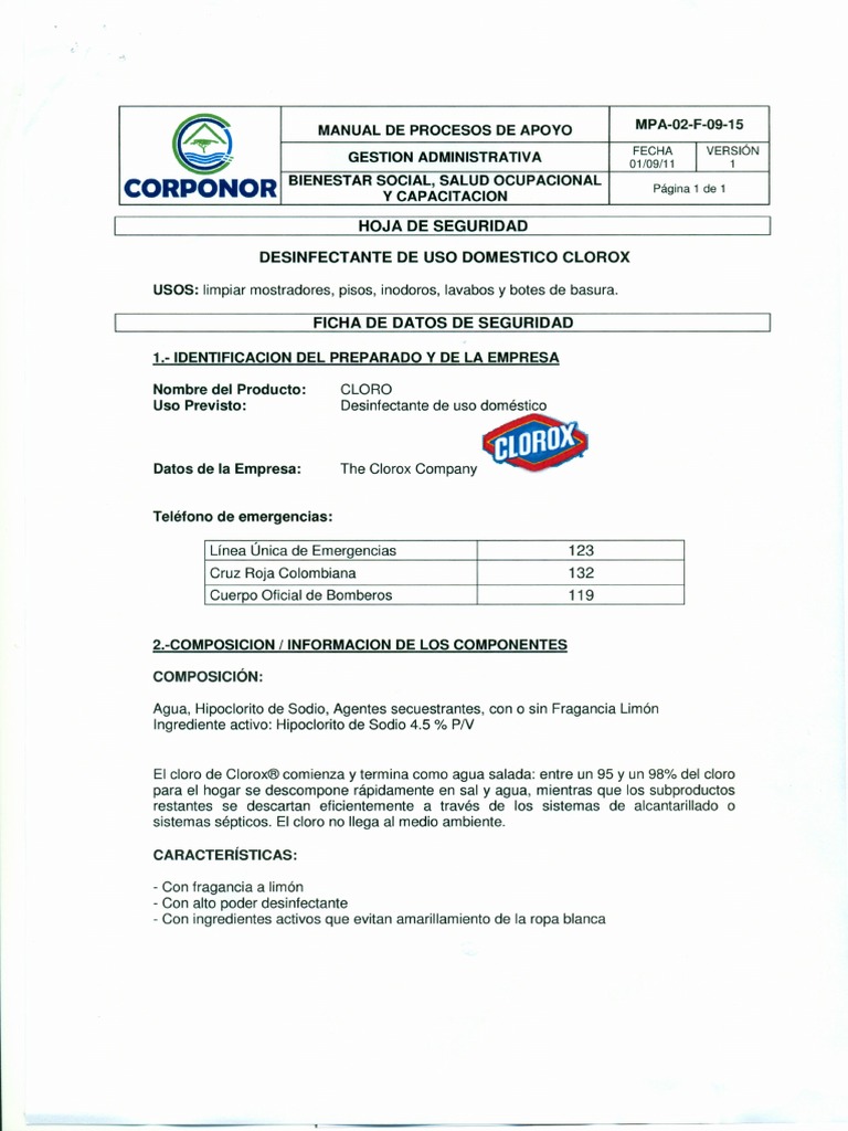 MSDS ( Dsinfectante Clorox)