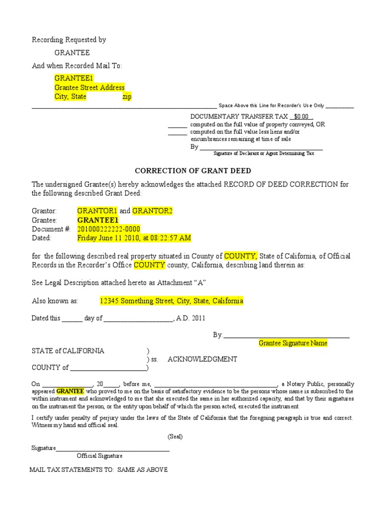 CA Grant Deed Correction Example | PDF | Real Property Law | Real 
