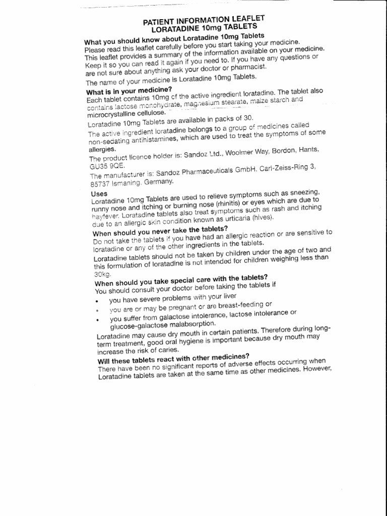 Patient Information Leaflet Loratadine 10mg Tablets Tablet (Pharmacy