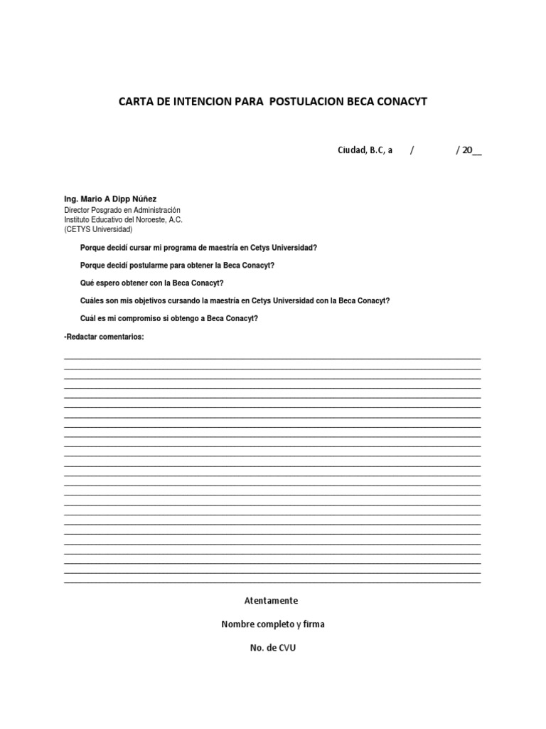 Carta de Intencion Para Postulacion Beca Conacyt