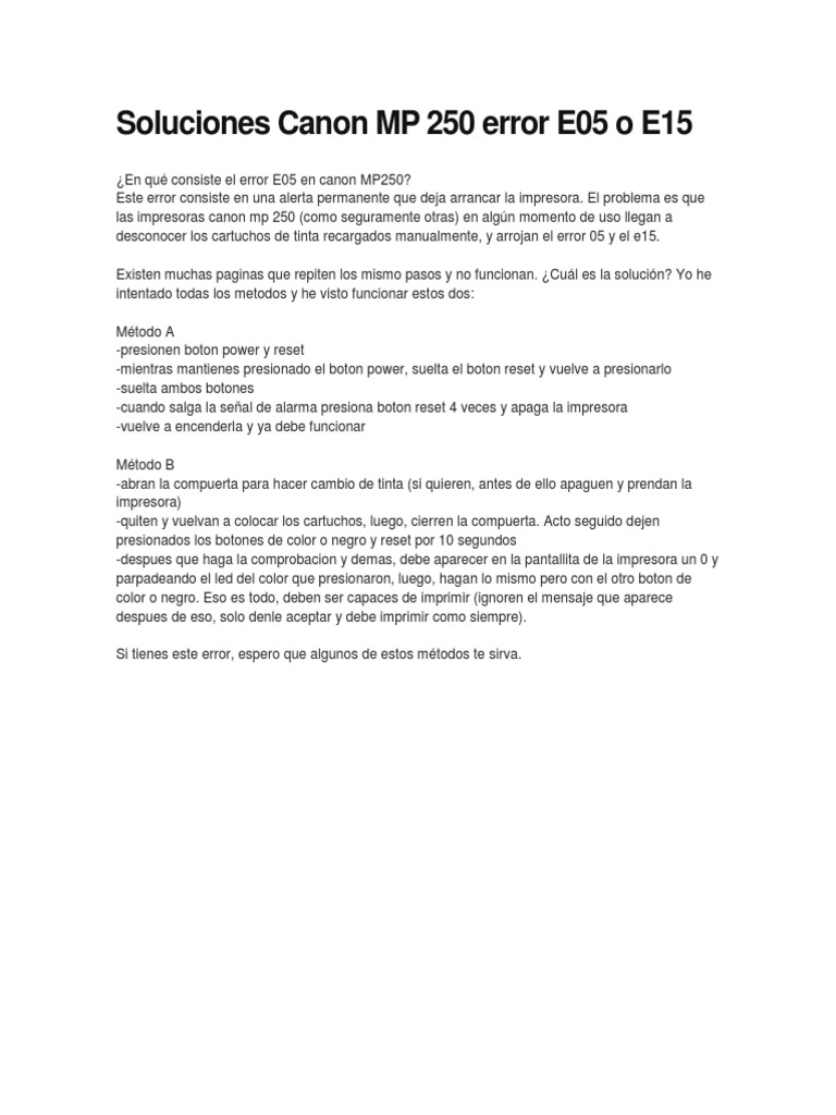 Soluciones Canon MP 250 Error E05 o E15