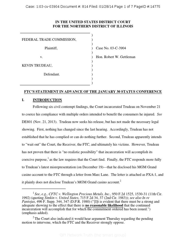 Trudeau Civil Case Document 814 0 and 1 FTC Statement in Advance of The