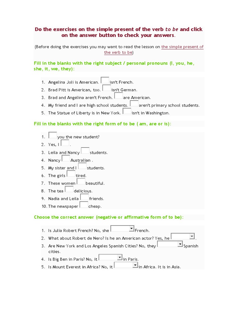 Do The Exercises On The Simple Present of The Verb To Be and Click On ...