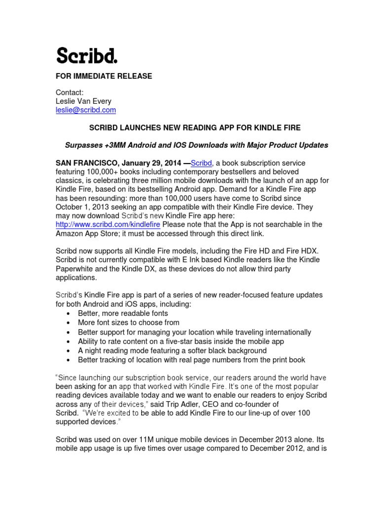SCRIBD LAUNCHES NEW READING APP FOR KINDLE FIRE Scribd Mobile App