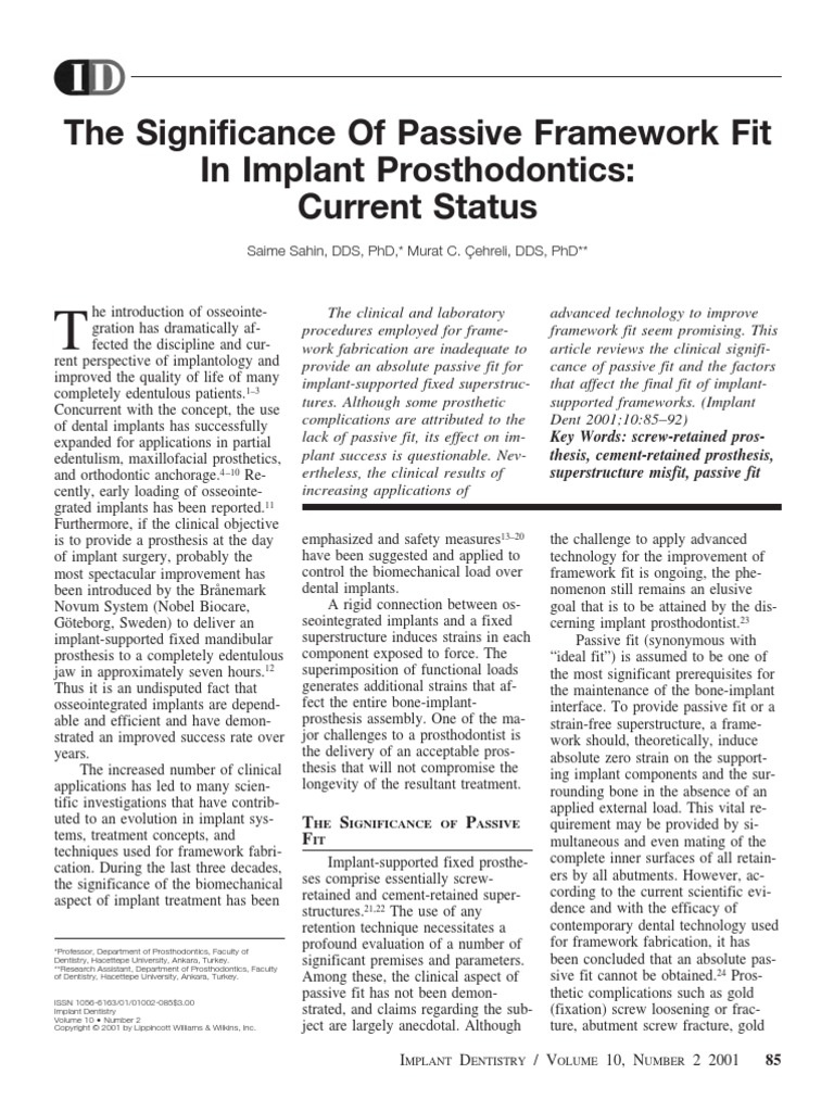 The Significance of Passive Frame Work Fit in Implant Prosthodontics ...