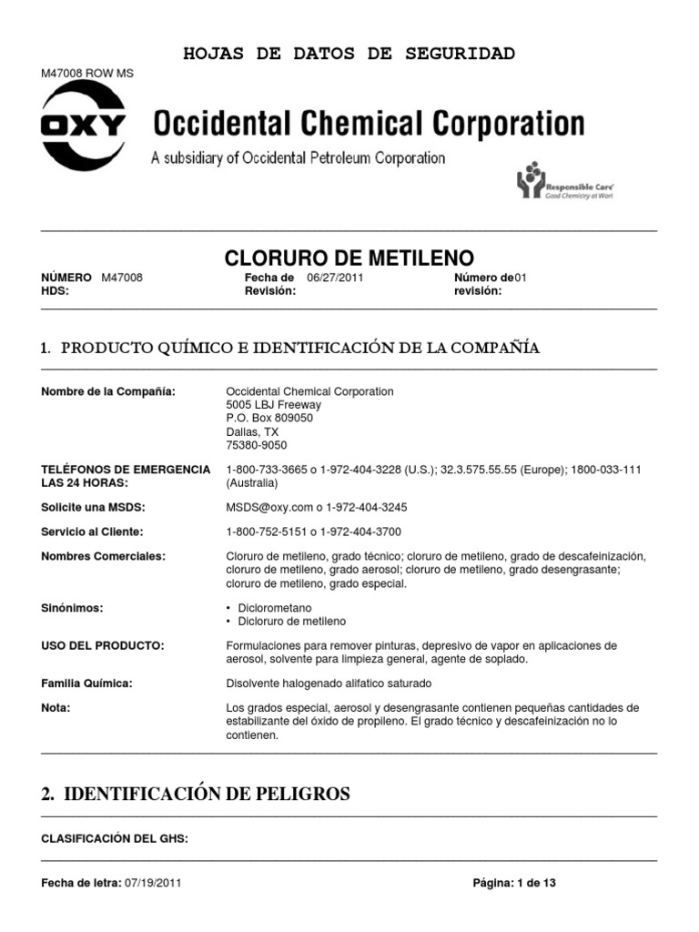 Cloruro de Metileno PDF Oxígeno Cloro