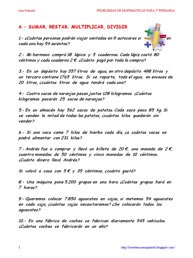 Problemas matemáticas 5º Primaria -Ana Galindo- | Litro | Euro