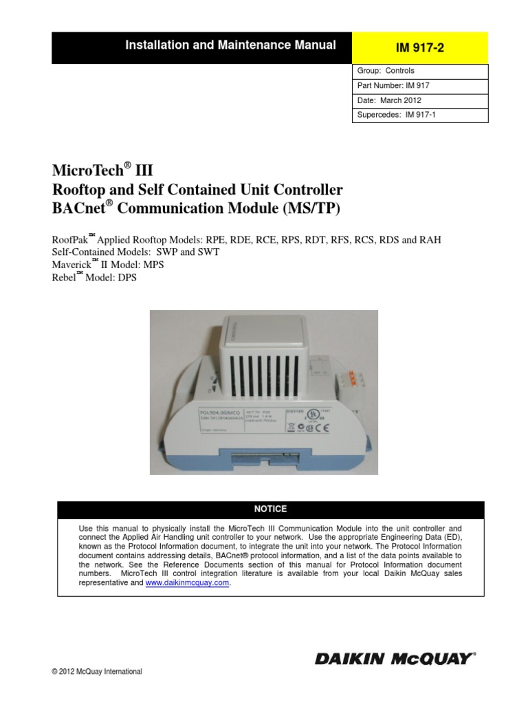 MicroTech III - Rooftop and Self Contained Unit Controller - BACnet ...