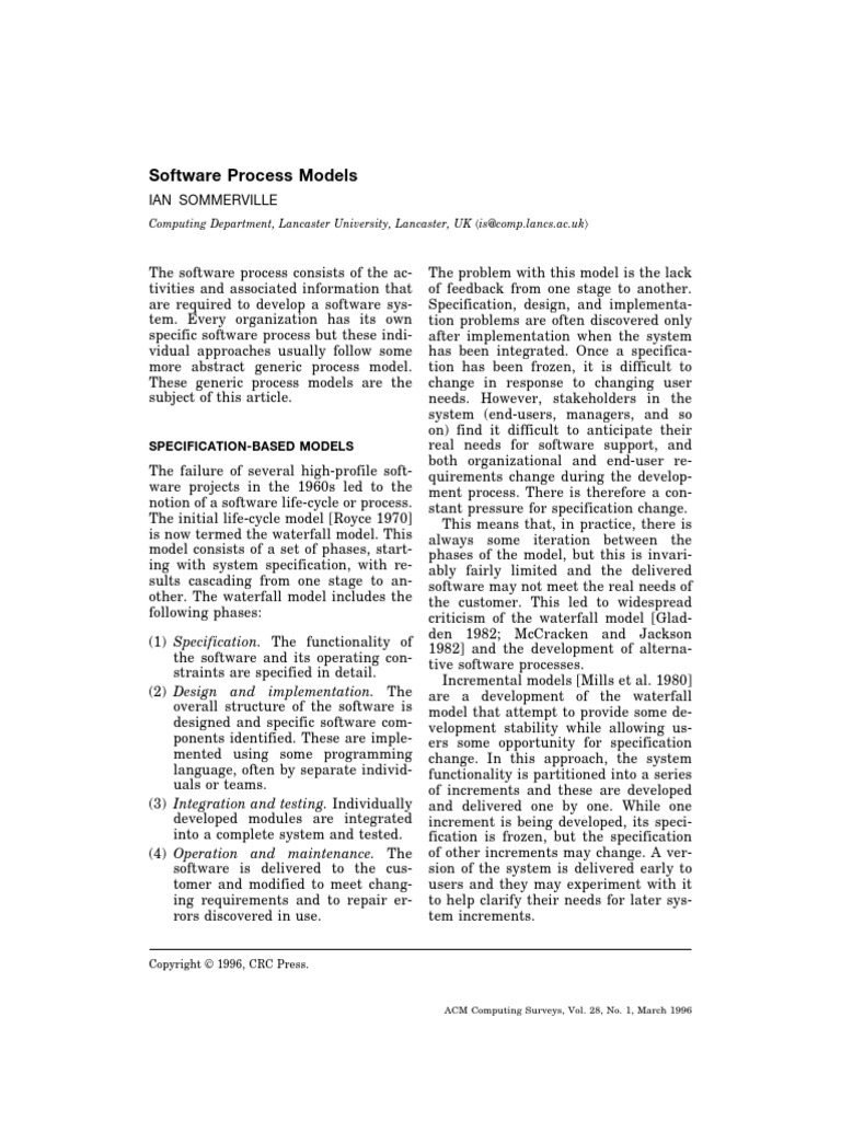 Software Process Models (SOMMERVILLE 1996) | PDF | Software Development ...