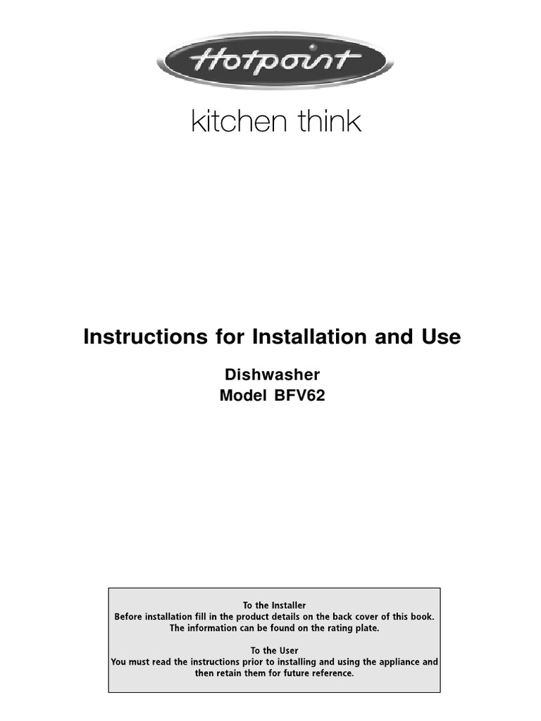 Hotpoint Dishwasher Model BFV62 Manual PDF Dishwasher Ac Power