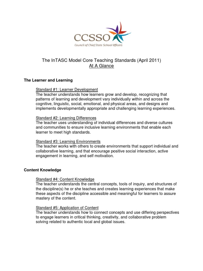 InTASC Standards Overview | PDF | Learning | Teachers