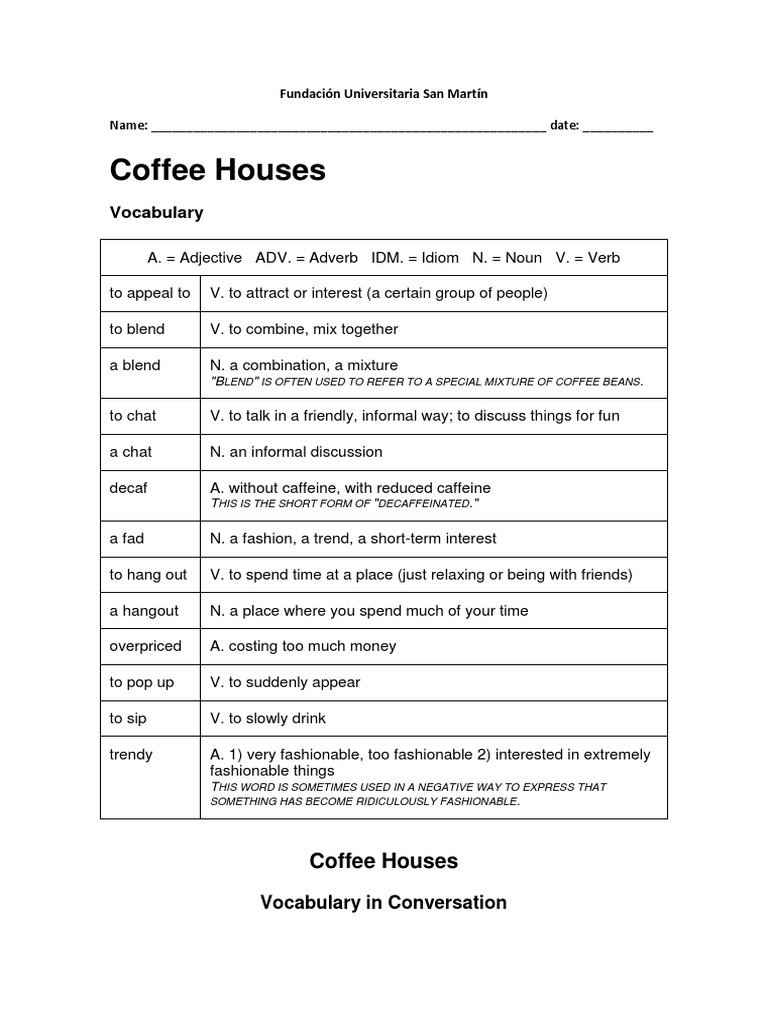 Coffee Houses Vocabulary PDF Backpacking (Wilderness) Languages