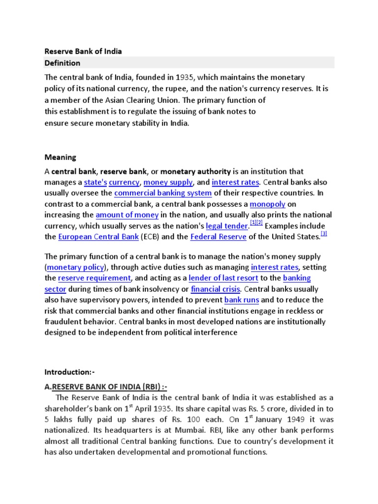 Central Bank Of India Rbi Reserve Bank Of India Monetary Policy - 