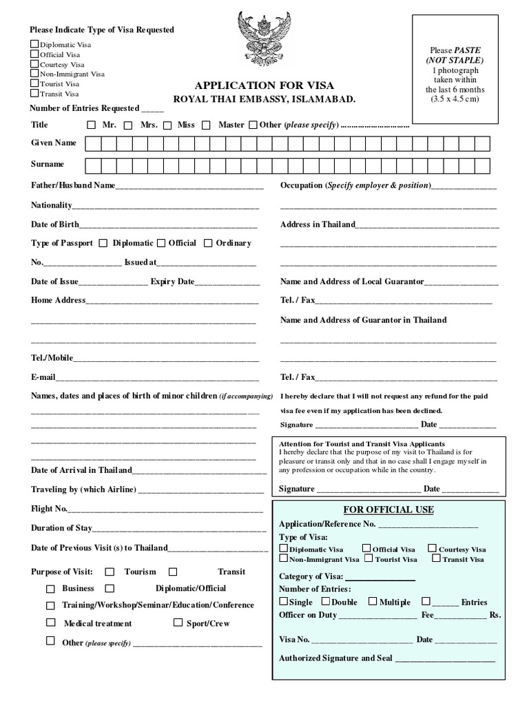 Thailand Visa Form (Visit) | PDF | Travel Visa | Passport