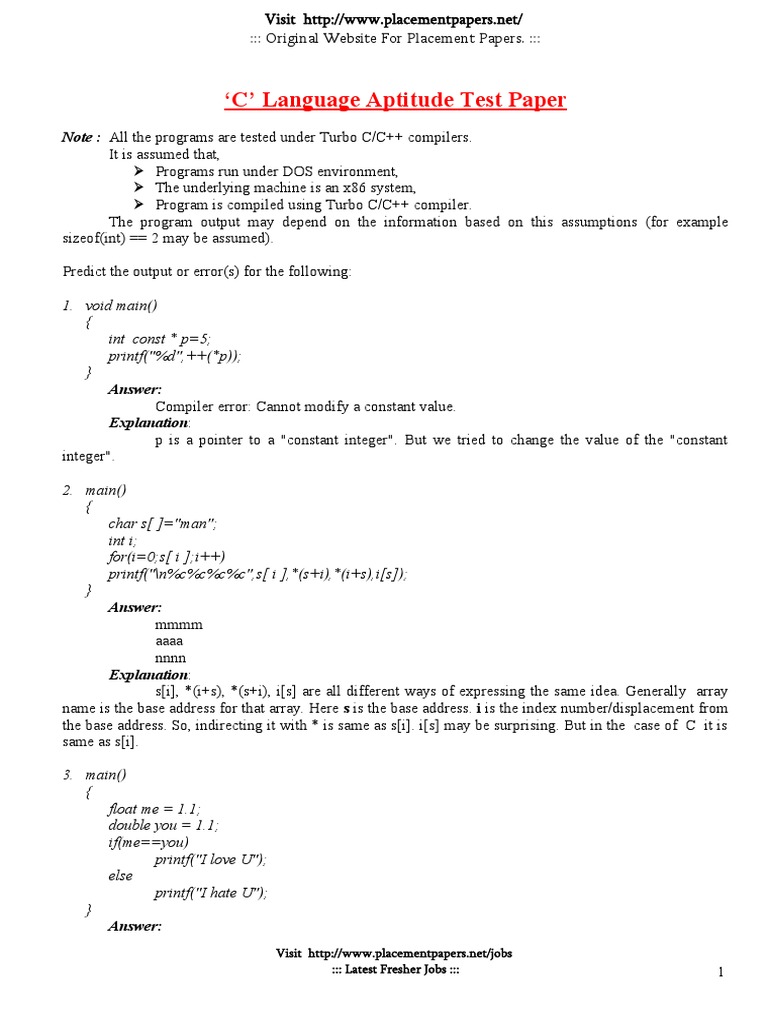 C Language Aptitude Test Paper By Placementpapers 1 1 Pointer Computer Programming