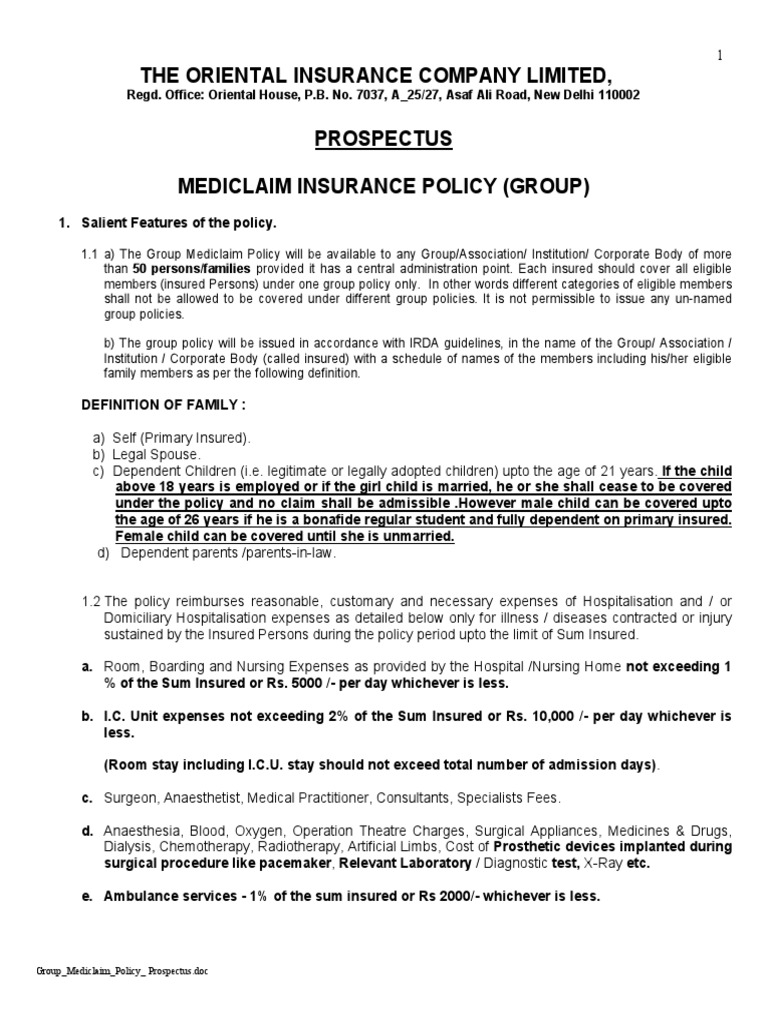 Group Mediclaim Policy Prospectus Insurance Hospital