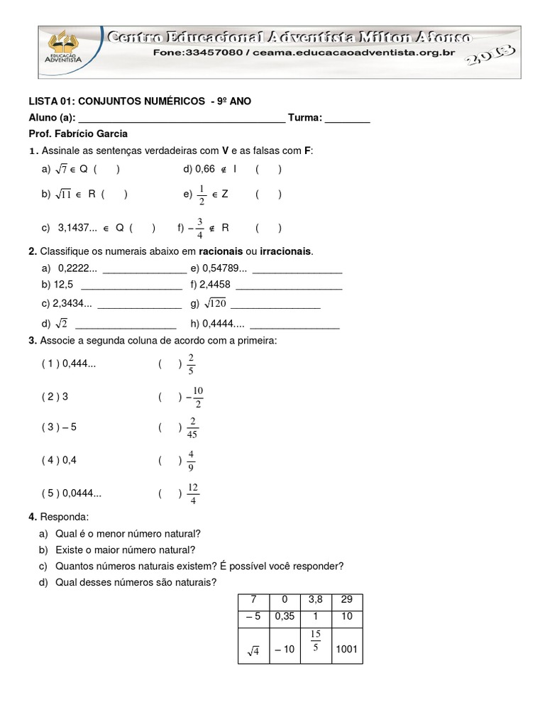 Exercícios de Conjuntos Numéricos - 9º Ano | PDF