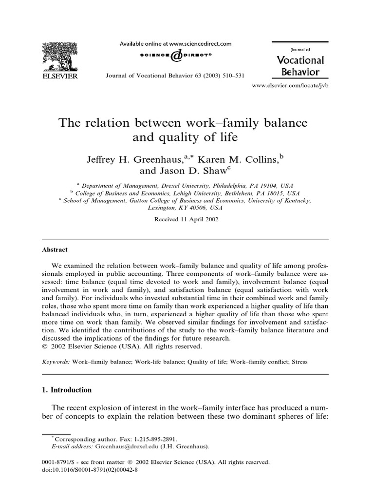 Work-Family Balance and Quality of Life | PDF | Quality Of Life ...