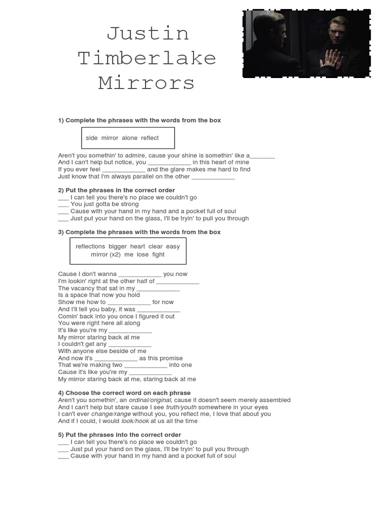 Justin Timberlake Mirrors 1) Complete The Phrases With The Words From