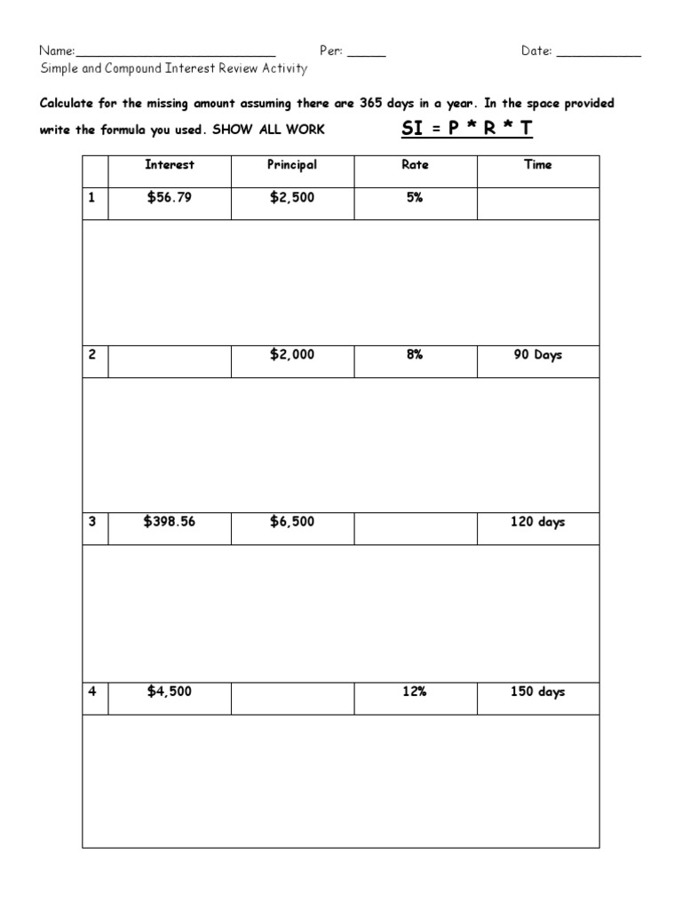 simple and compound interest review activity | Compound Interest | Interest