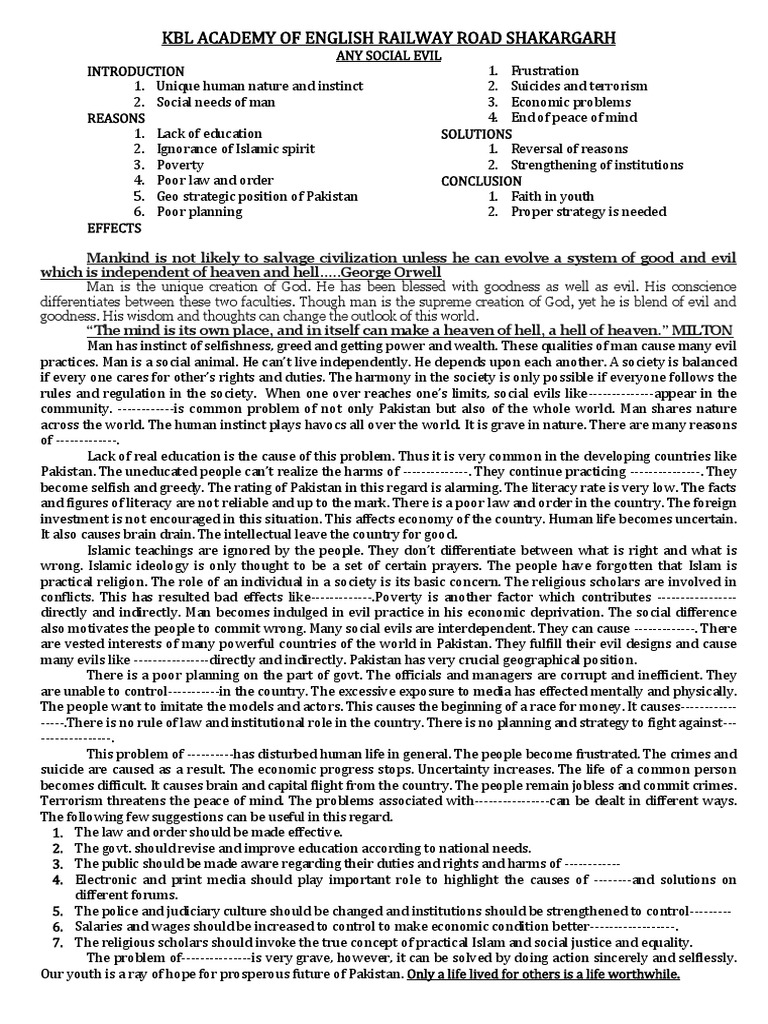 Social evils in pakistan essay with outline image