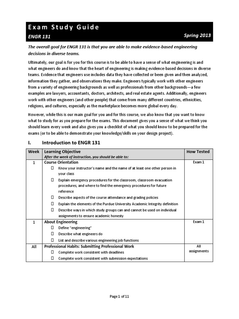 Exam Study Guide ENGR131 PDF Engineering Design Process Test