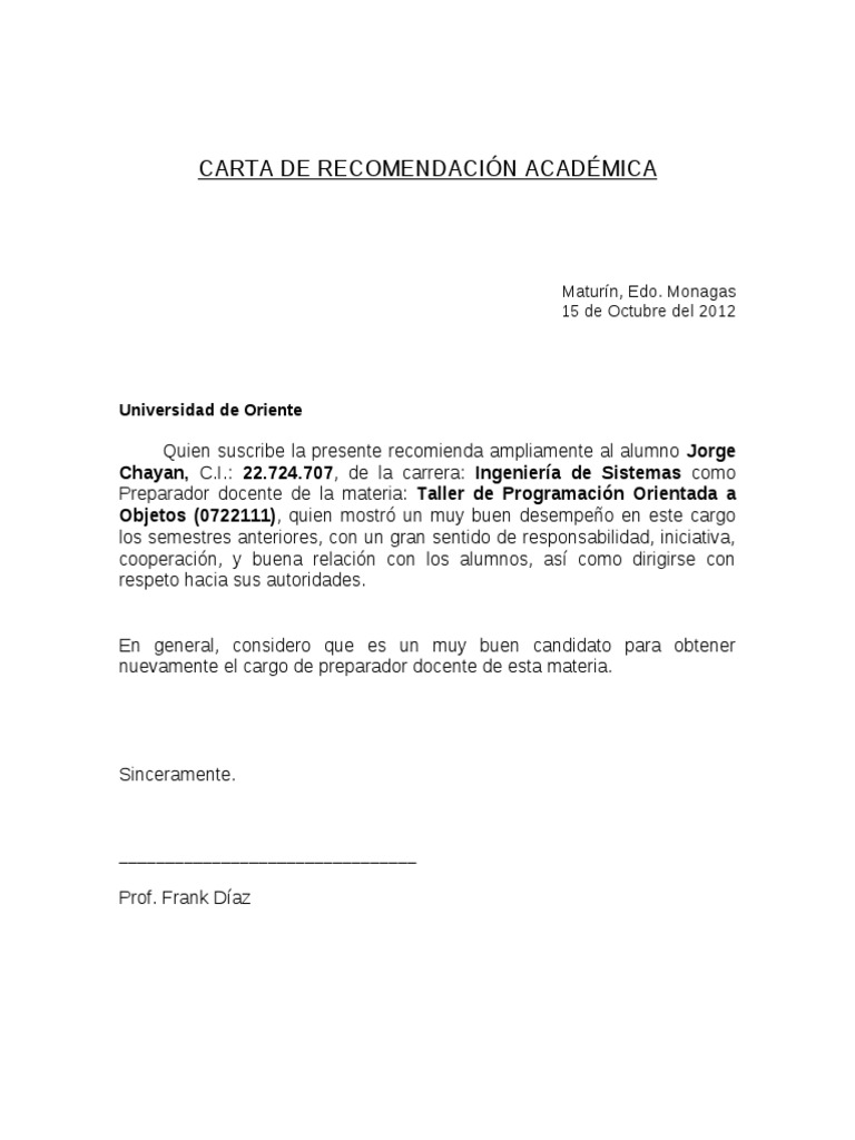 Carta de Recomendacion Academica