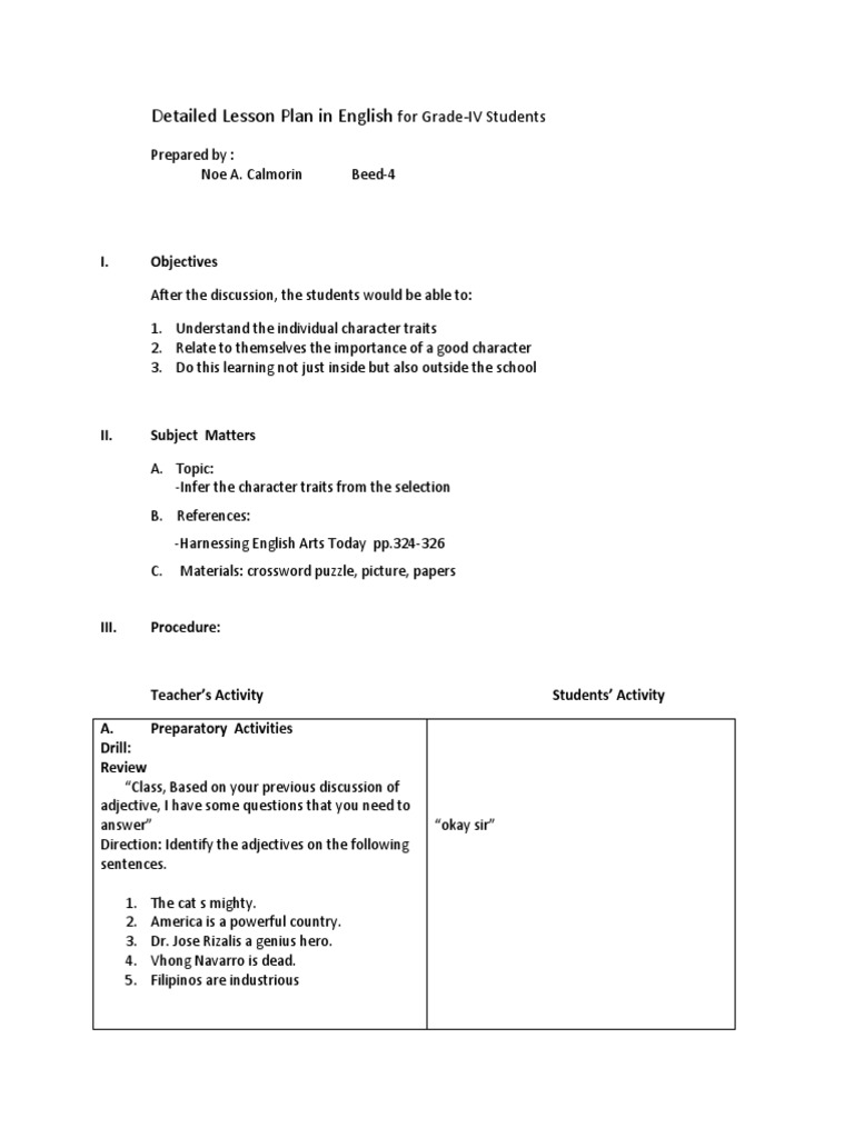 Grade 4 English Lesson Plan: Character Traits | PDF | Lesson Plan ...