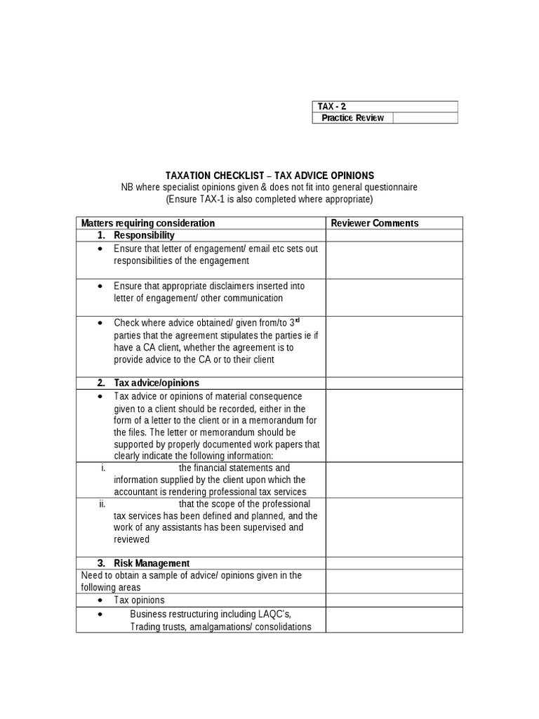 TAX 2 - Practice Review Taxation Opinion Checklist | Economies | Business