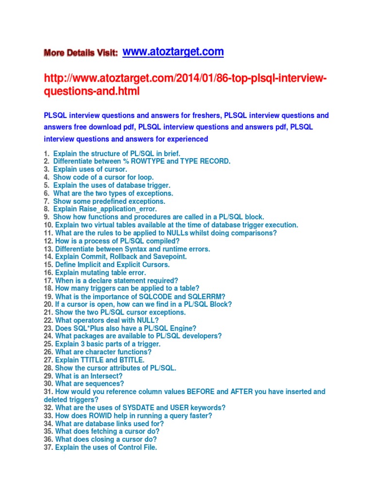 PL SQL Interview Questions and Answers | PDF | Pl/Sql | Sql