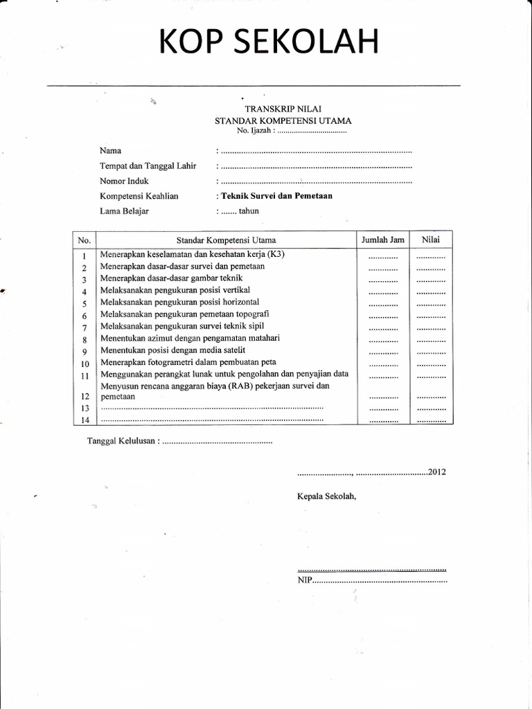 contoh transkip nilai murid smk