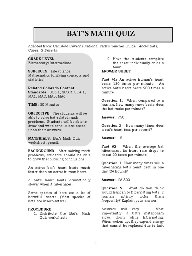 Bats' Math Quiz Using Word Problems to Explore Bat Biology and the